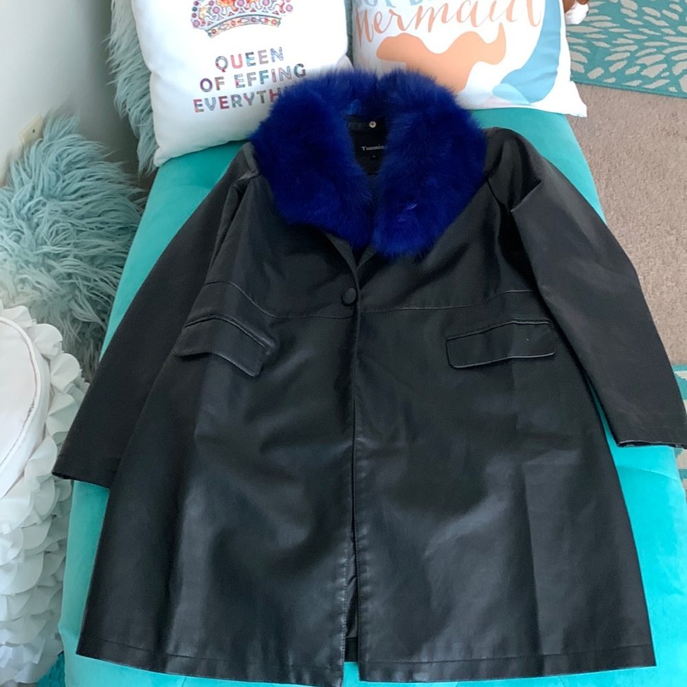 💙💙 Black Faux Leather Blazer/Jacket with Real Fox Fur Collar 💙💙 Cobalt 💙💙
